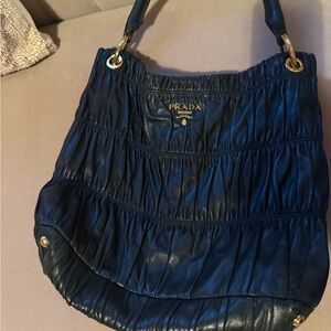 Prada Black Ruched Leather Shoulder Bag with Gold Hardware